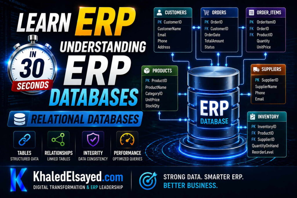 Understanding ERP databases with a visual representation of real-time data synchronization, business records management, and enterprise workflows by the IT Leader Khaled Elsayed Sqawa