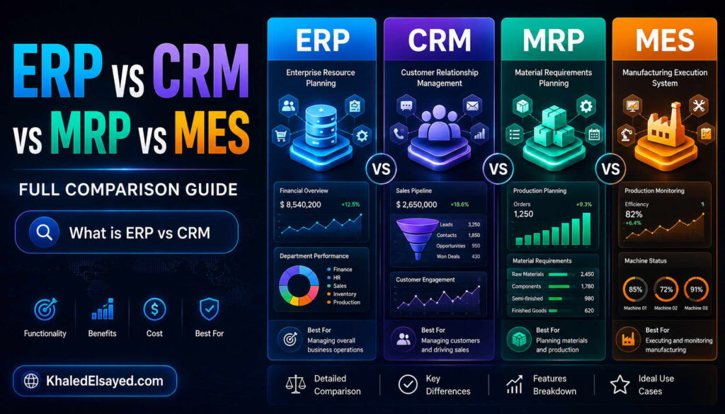 Full comparison guide of ERP, CRM, MRP, and MES systems showing workflow integration, production management, and business automation capabilities by the IT Leader Khaled Elsayed Sqawa