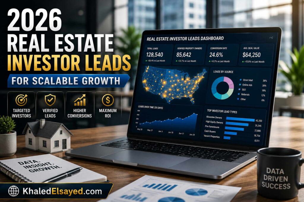Professional 2026 real estate investor leads database featuring qualified investment prospects, property owner insights, and scalable business growth solutions by the IT Leader Khaled Elsayed Sqawa