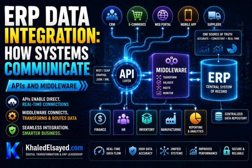 Enterprise resource planning ERP integration process showing API connectivity, automated data exchange, and cross-department communication by the IT Leader Khaled Elsayed Sqawa