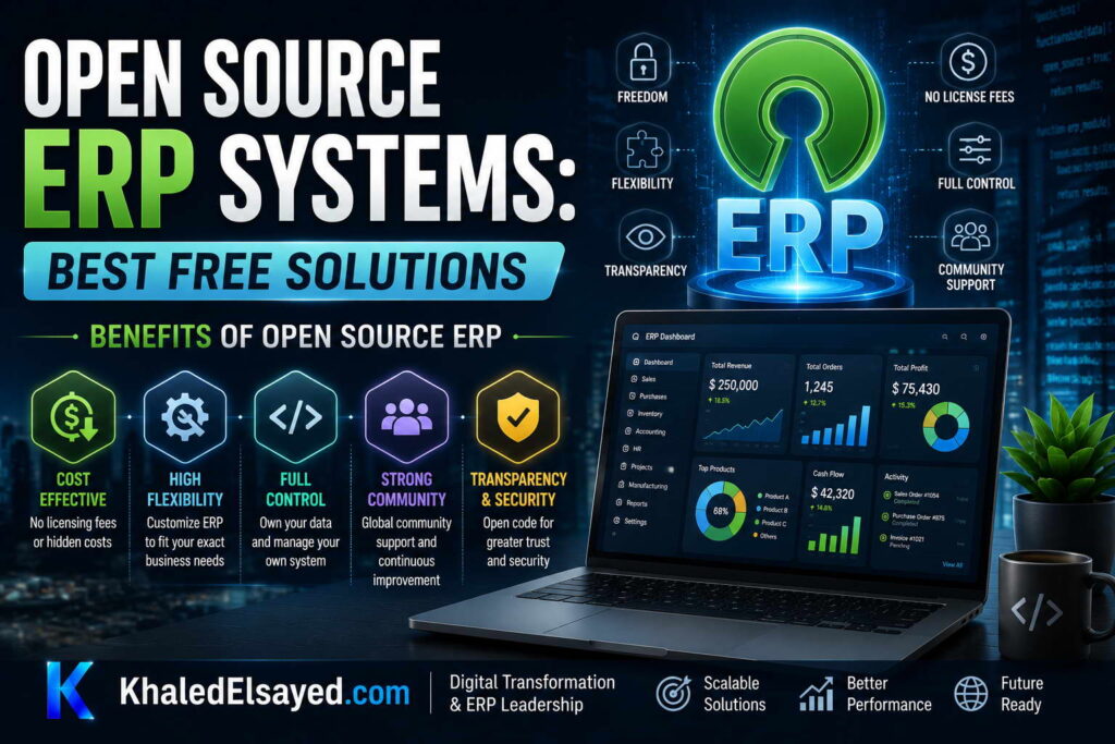 Open source ERP platform interface demonstrating scalable business management tools, real-time analytics, and cloud-based integration capabilities by the IT Leader Khaled Elsayed Sqawa