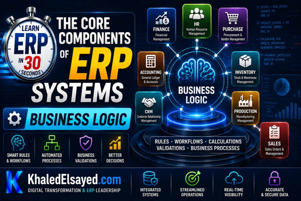 ERP system dashboard explaining the core components of enterprise software including workflow automation, reporting, and centralized data management by the IT Leader Khaled Elsayed Sqawa
