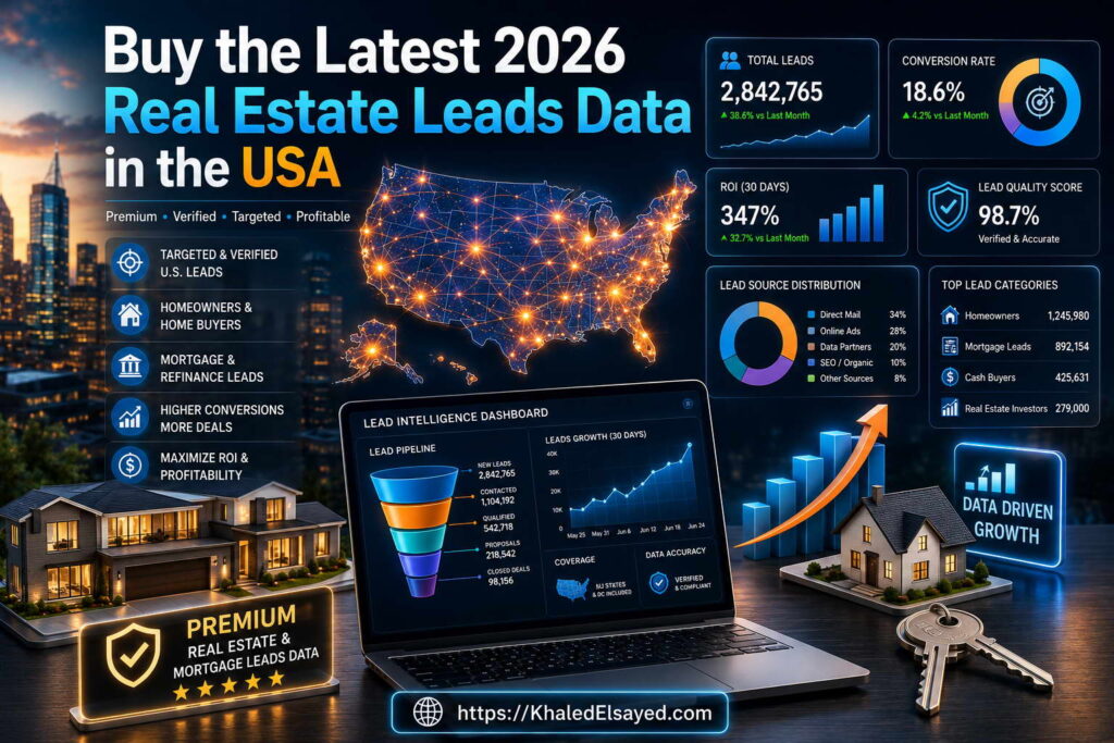 Premium USA real estate leads data solution for 2026 designed to help agencies, brokers, and investors generate qualified opportunities by the IT Leader Khaled Elsayed Sqawa