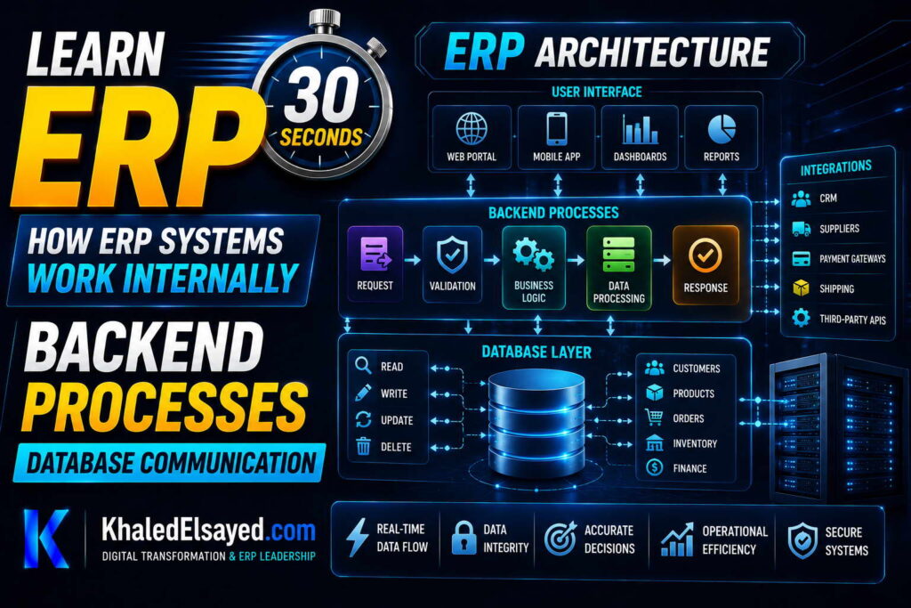 ERP internal operations dashboard demonstrating how finance, HR, CRM, and inventory modules communicate within a unified enterprise platform by the IT Leader Khaled Elsayed Sqaw