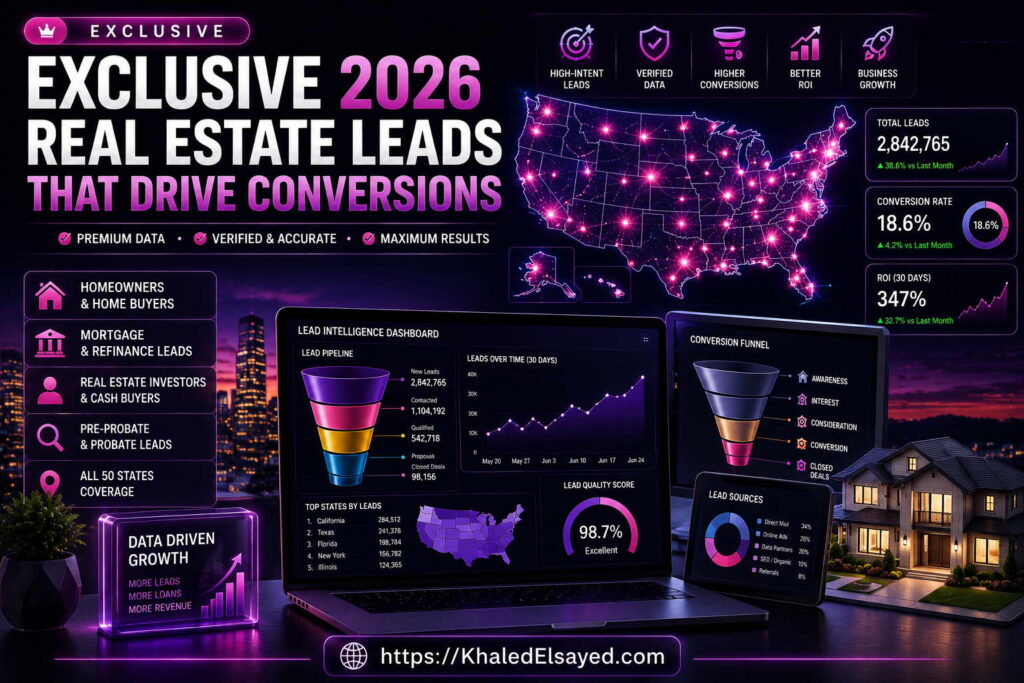Premium exclusive real estate leads for 2026 helping agencies, brokers, and investors increase qualified conversions and marketing performance by the IT Leader Khaled Elsayed Sqawa