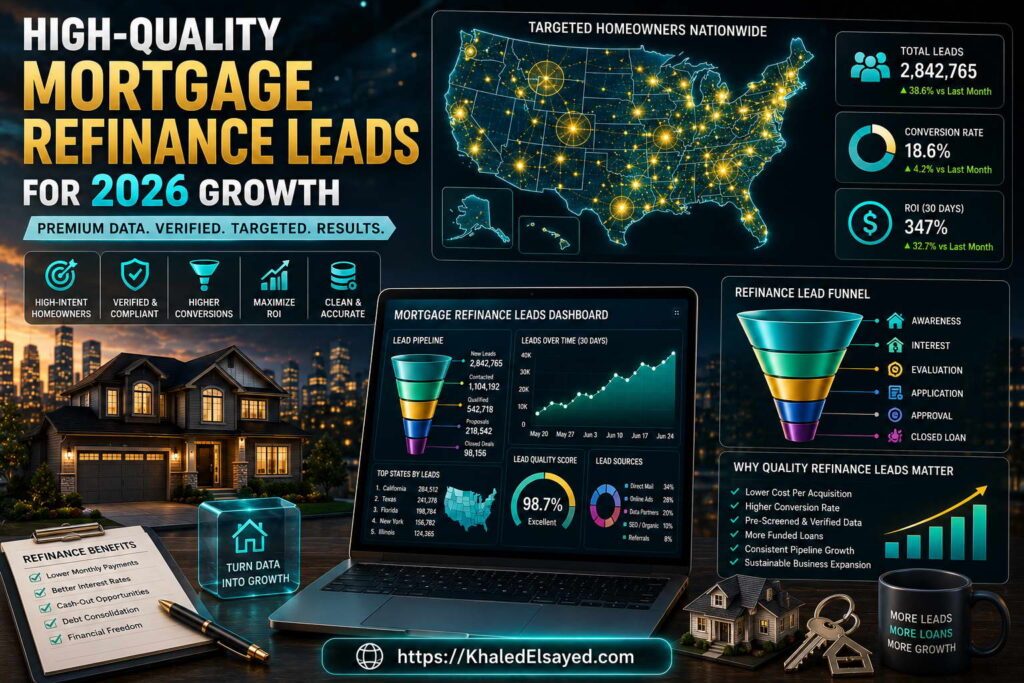 Professional mortgage refinance lead generation strategy for 2026 designed to improve borrower acquisition and refinance marketing performance by the IT Leader Khaled Elsayed Sqawa
