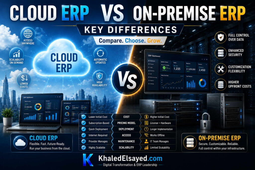 Cloud ERP versus on-premise ERP interface demonstrating cost structure, maintenance requirements, and remote accessibility features by the IT Leader Khaled Elsayed Sqawa
