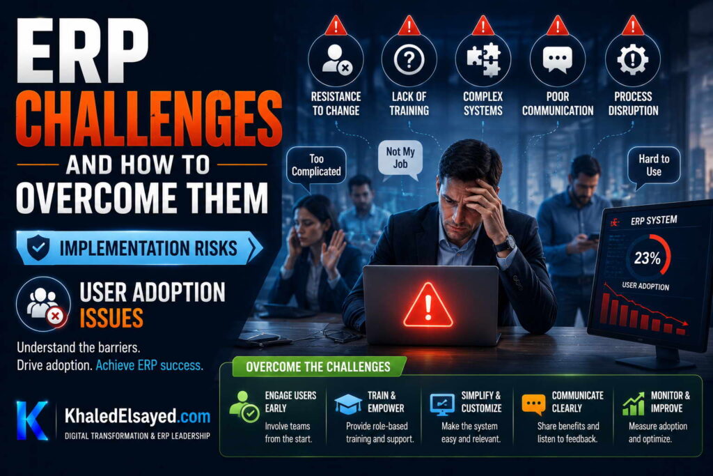 ERP implementation challenges and solutions showcasing project management risks, software customization issues, and operational efficiency improvements by the IT Leader Khaled Elsayed Sqawa
