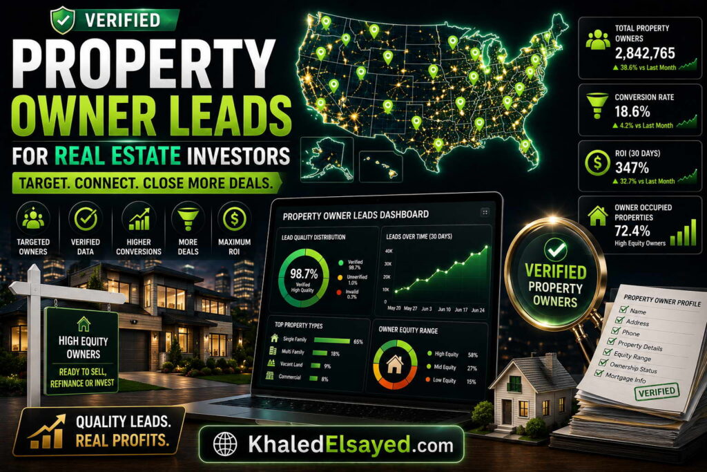 High-quality verified property owner leads helping real estate investors identify motivated sellers, investment opportunities, and profitable property deals by the IT Leader Khaled Elsayed Sqawa