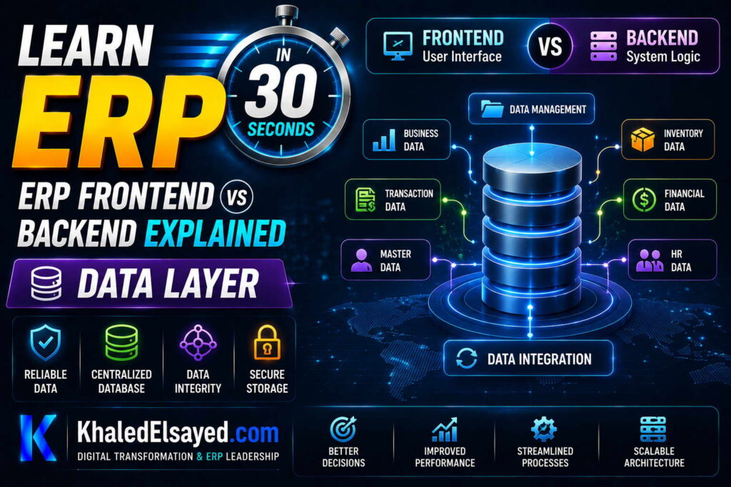 Enterprise resource planning ERP interface demonstrating frontend user experience and backend automation infrastructure working together efficiently by the IT Leader Khaled Elsayed Sqawa