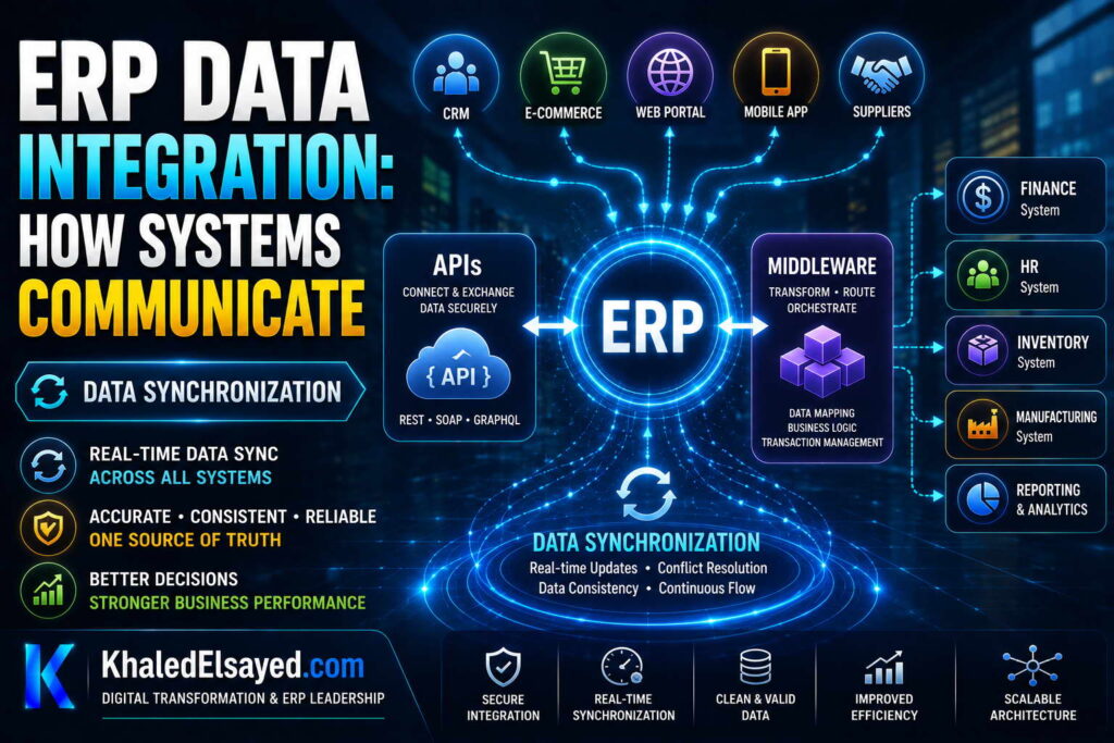 ERP data integration interface explaining how business systems communicate through cloud platforms, workflow automation, and real-time analytics by the IT Leader Khaled Elsayed Sqawa