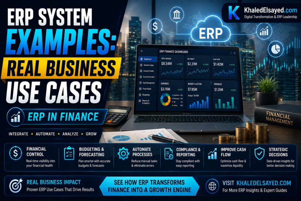 ERP software examples illustrating how businesses use integrated systems for accounting, reporting, and process optimization by the IT Leader Khaled Elsayed Sqawa