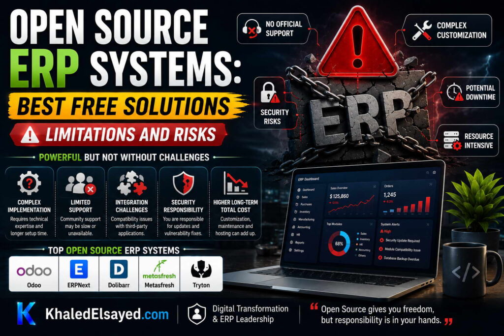 Free ERP system architecture illustrating enterprise resource planning modules for finance, HR, CRM, and supply chain management by the IT Leader Khaled Elsayed Sqawa