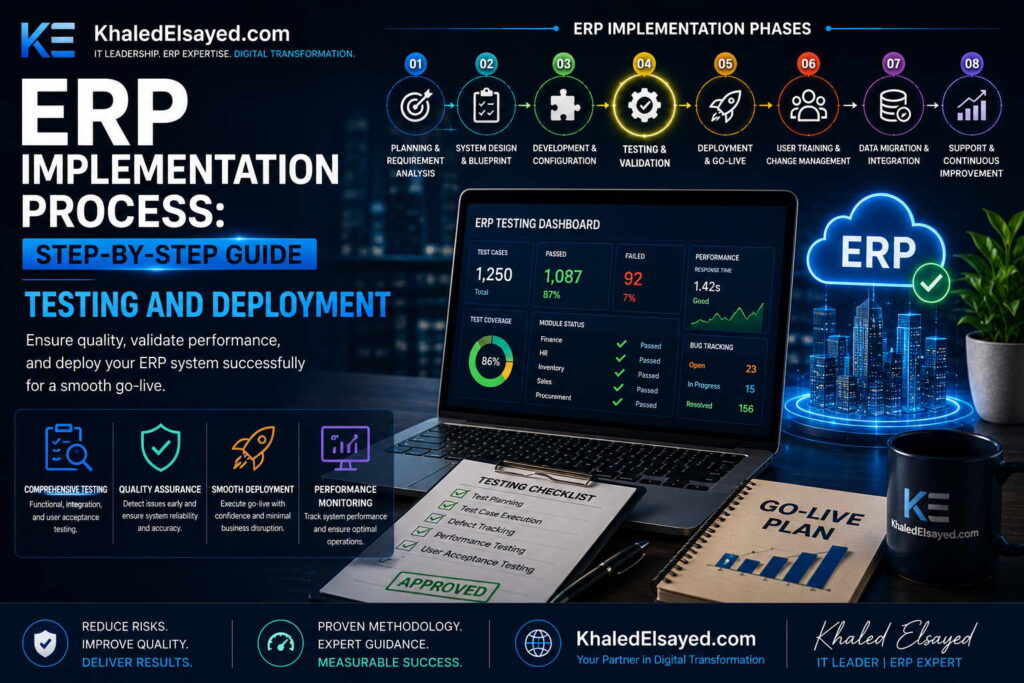 ERP implementation lifecycle dashboard presenting system customization, module deployment, and real-time business process integration by the IT Leader Khaled Elsayed Sqawa