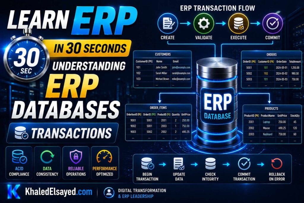 Enterprise ERP database structure illustrating integrated modules, cloud storage systems, and centralized operational data management by the IT Leader Khaled Elsayed Sqawa