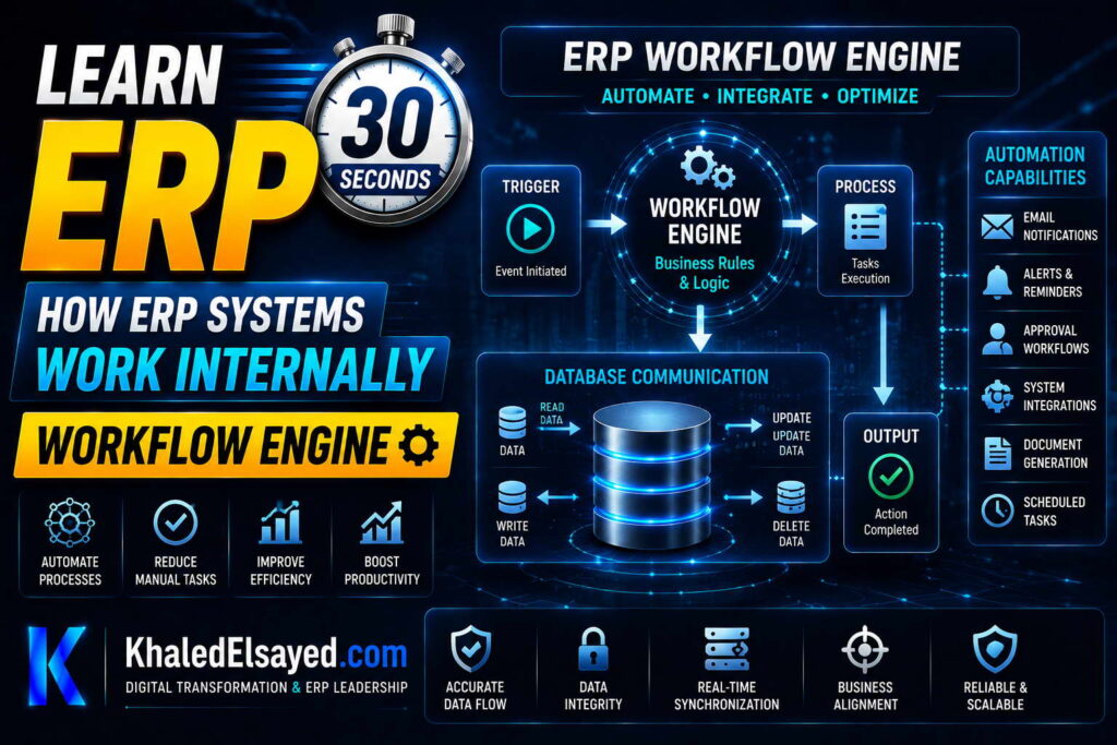 Enterprise resource planning ERP system workflow explaining backend automation, data synchronization, and operational process management by the IT Leader Khaled Elsayed Sqawa