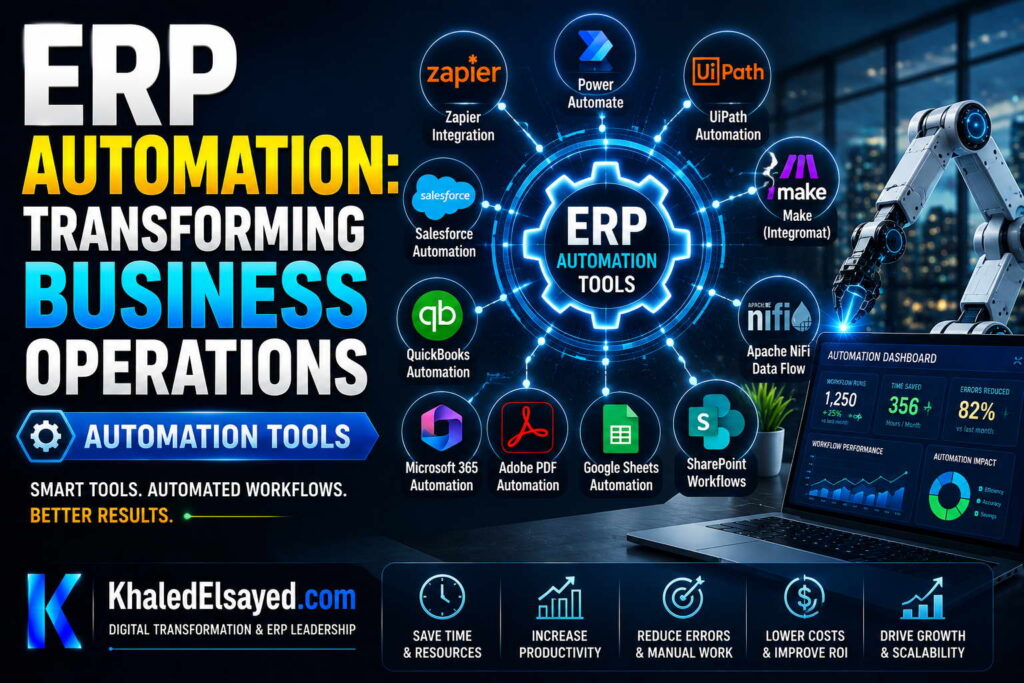 ERP Automation: Transforming Business Operations 5 Modern ERP automation architecture demonstrating process automation, enterprise resource planning integration, and scalable business management solutions by the IT Leader Khaled Elsayed Sqawa