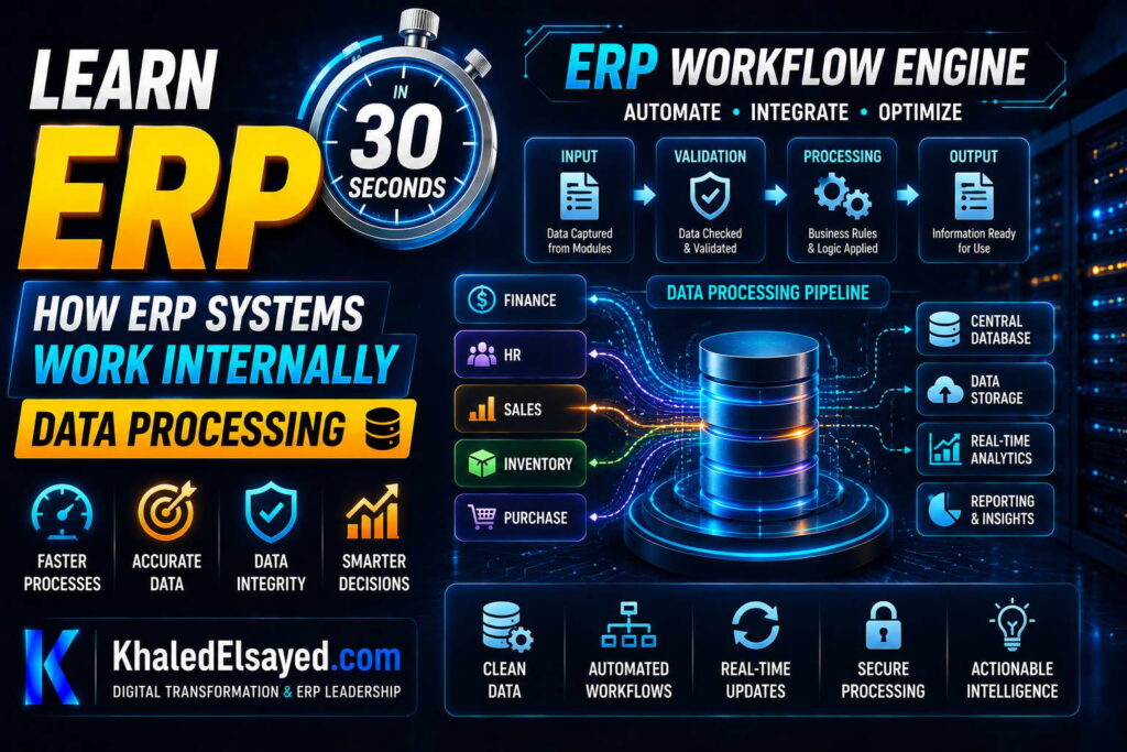 Simplified ERP internal structure showcasing server architecture, cloud integration, and enterprise system communication processes by the IT Leader Khaled Elsayed Sqawa