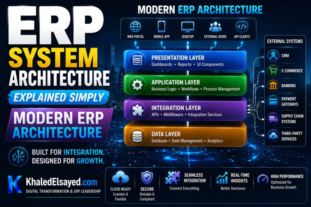 Modern ERP system architecture showcasing scalable enterprise infrastructure, module interaction, and centralized operational control by the IT Leader Khaled Elsayed Sqawa