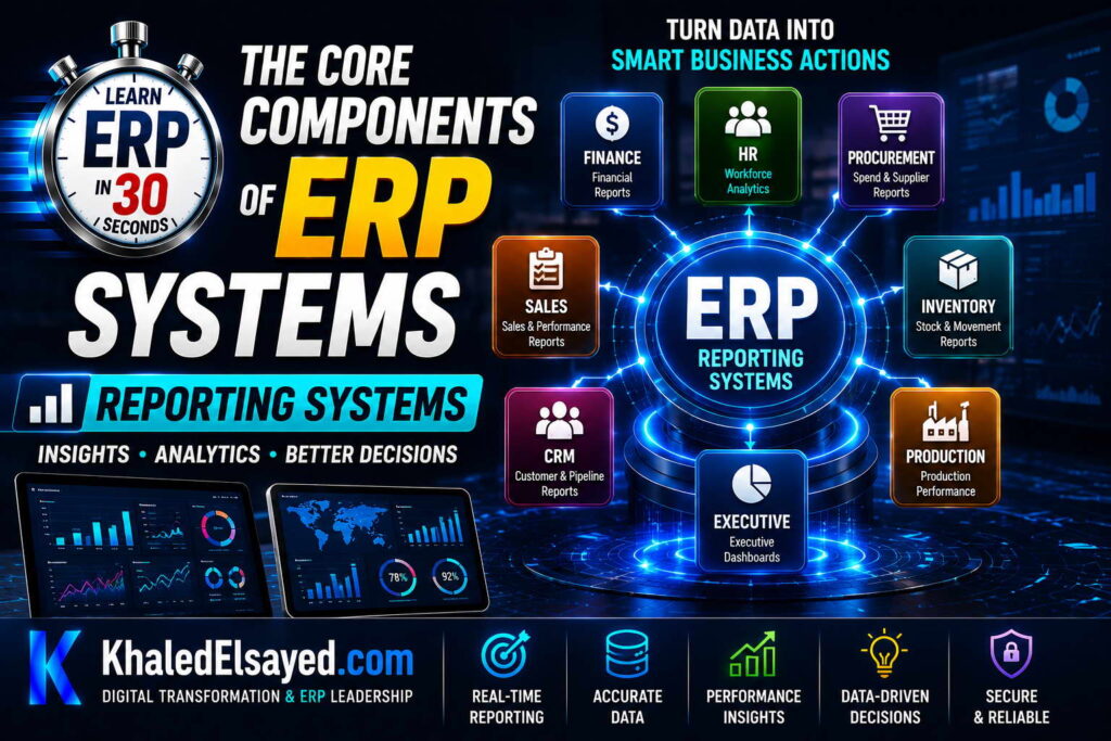 Simplified ERP system structure demonstrating the essential components of enterprise software and how they work together internally by the IT Leader Khaled Elsayed Sqawa