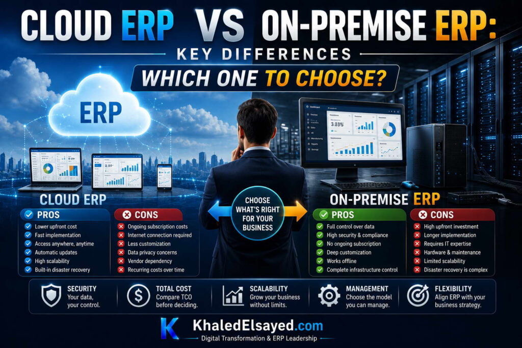 Modern ERP systems overview comparing cloud ERP and on-premise ERP performance, customization capabilities, and data management strategies by the IT Leader Khaled Elsayed Sqawa