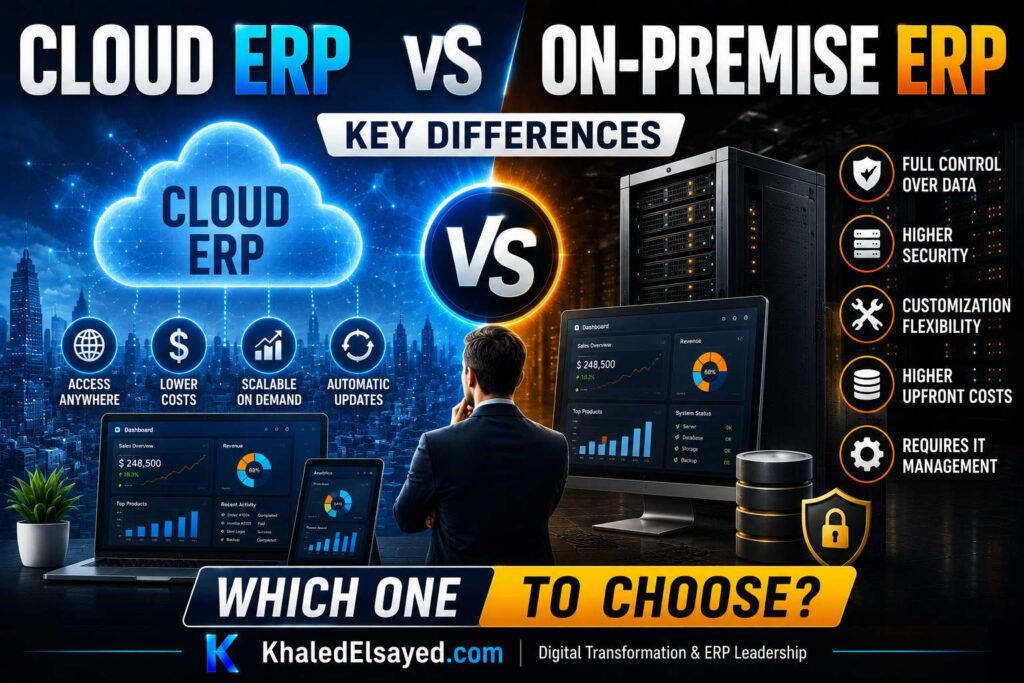 Cloud ERP and on-premise ERP solutions illustrating differences in implementation speed, system updates, and enterprise resource planning efficiency by the IT Leader Khaled Elsayed Sqawa