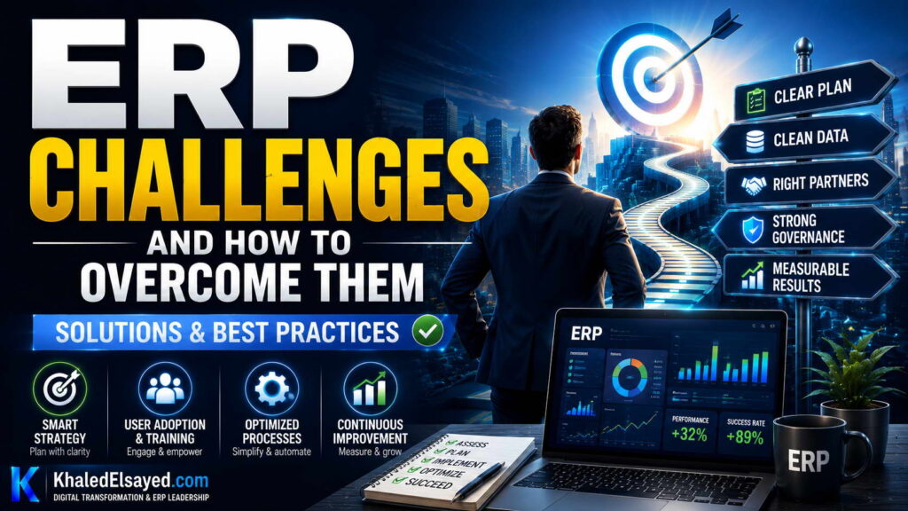 Modern ERP challenges analysis explaining cybersecurity risks, infrastructure limitations, and strategies for successful digital transformation by the IT Leader Khaled Elsayed Sqawa