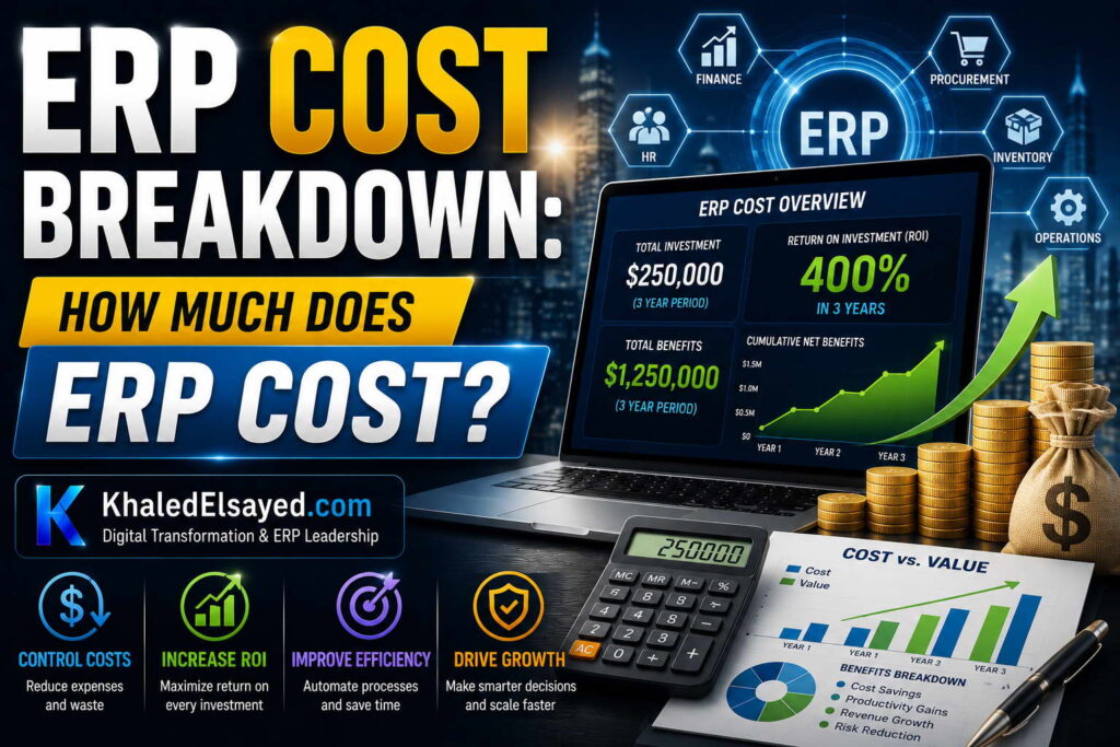 Comprehensive ERP cost comparison demonstrating software licensing, training expenses, support services, and enterprise deployment investment by the IT Leader Khaled Elsayed Sqawa