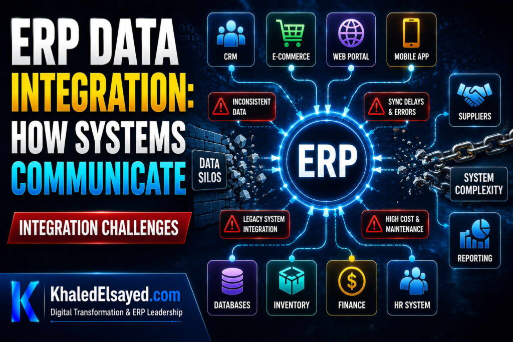 ERP software communication framework showcasing system interoperability, data synchronization, and digital transformation strategies for enterprises by the IT Leader Khaled Elsayed Sqawa