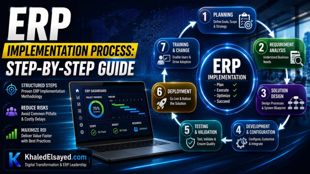 ERP software implementation guide showcasing workflow automation, centralized data management, and cross-department system integration by the IT Leader Khaled Elsayed Sqawa