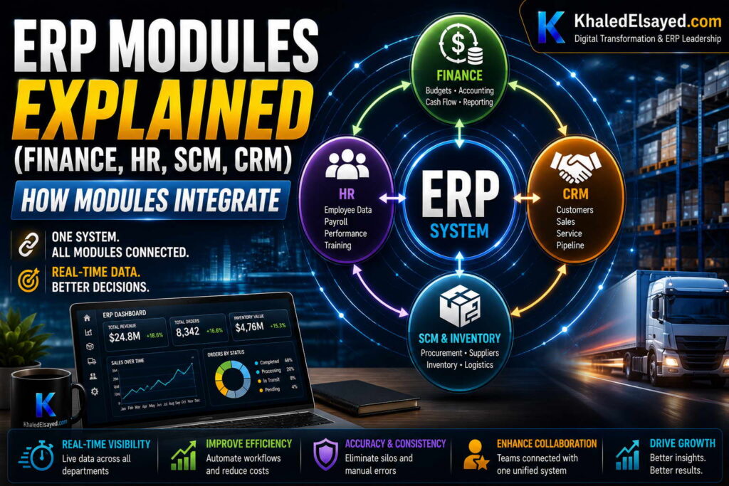 Modern enterprise resource planning ERP modules showcasing financial control, workforce management, supply chain optimization, and customer engagement tools by the IT Leader Khaled Elsayed Sqawa