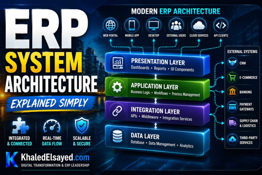 ERP software architecture diagram explaining how enterprise systems manage data synchronization, reporting, and business automation efficiently by the IT Leader Khaled Elsayed Sqawa