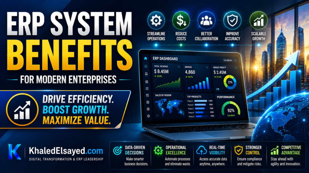 Advanced ERP platform overview explaining how enterprise systems improve decision-making, automation, and digital transformation performance by the IT Leader Khaled Elsayed Sqawa