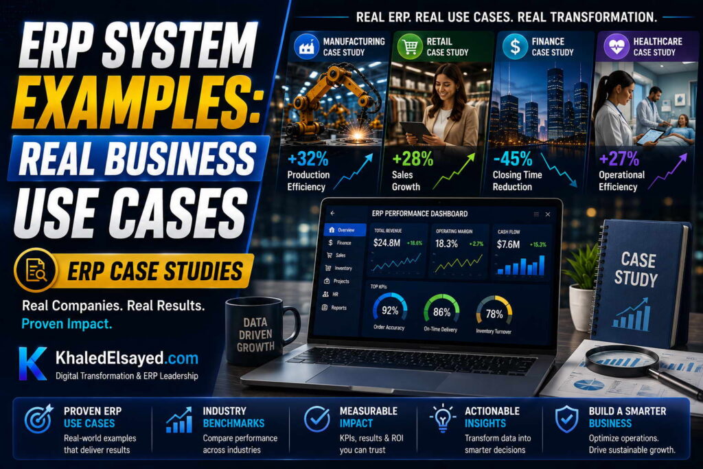 ERP system use cases demonstrating scalable business solutions with automation, real-time reporting, and cross-department collaboration by the IT Leader Khaled Elsayed Sqawa