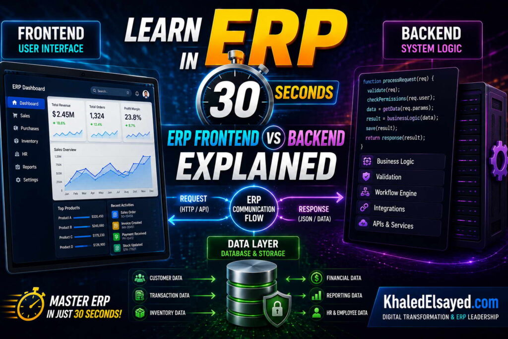 Modern ERP system design explaining frontend dashboards, backend servers, workflow automation, and enterprise database operations by the IT Leader Khaled Elsayed Sqawa