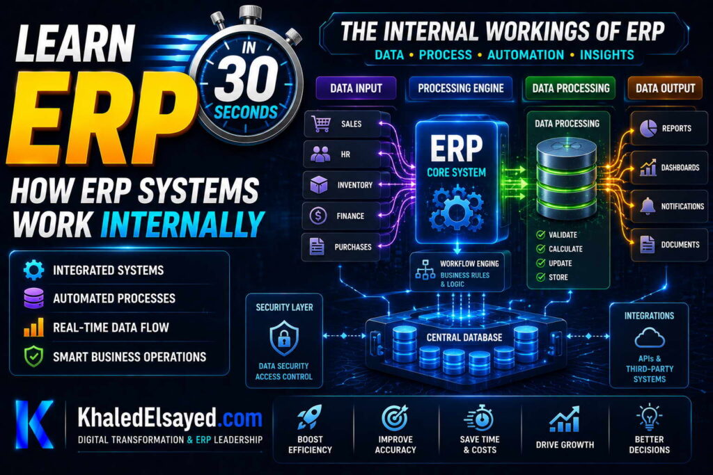 ERP software internals explained through automated workflows, centralized databases, and integrated enterprise management systems by the IT Leader Khaled Elsayed Sqawa