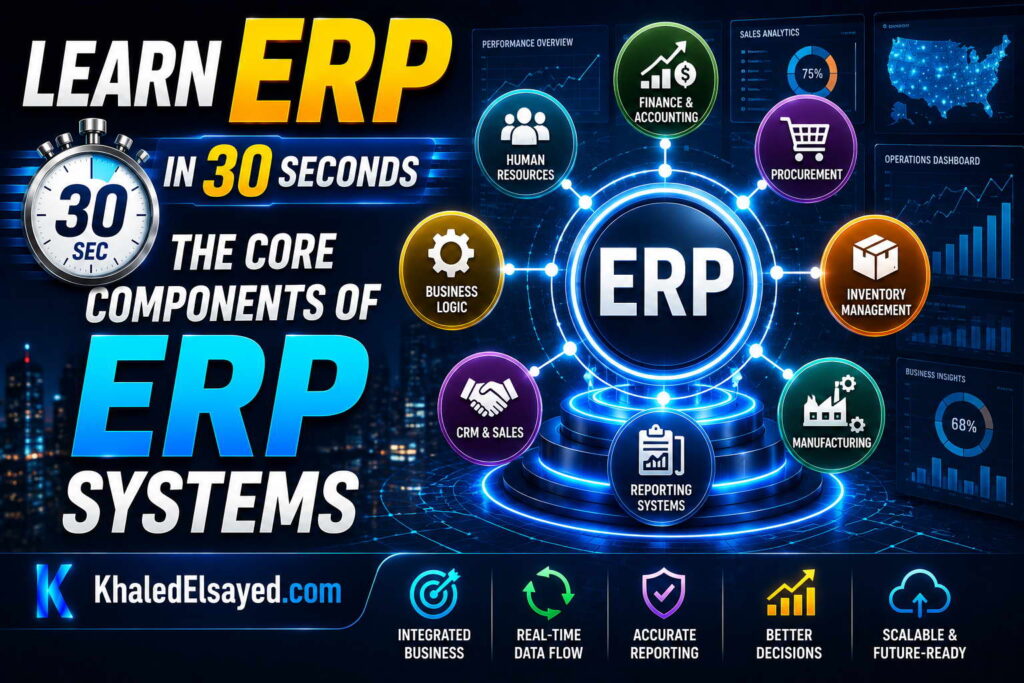 Modern ERP platform architecture presenting the core modules of ERP systems with cloud integration, automation, and operational efficiency tools by the IT Leader Khaled Elsayed Sqawa
