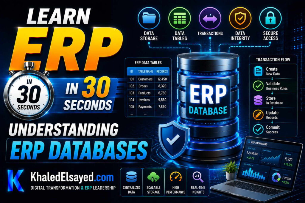 ERP software database architecture showcasing backend data processing, business analytics, and cross-department information flow by the IT Leader Khaled Elsayed Sqawa