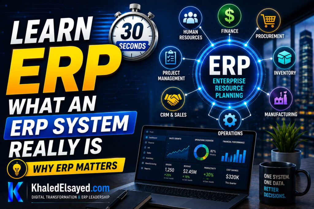 ERP learning guide presenting enterprise software features including reporting dashboards, automation tools, and integrated management systems by the IT Leader Khaled Elsayed Sqawa