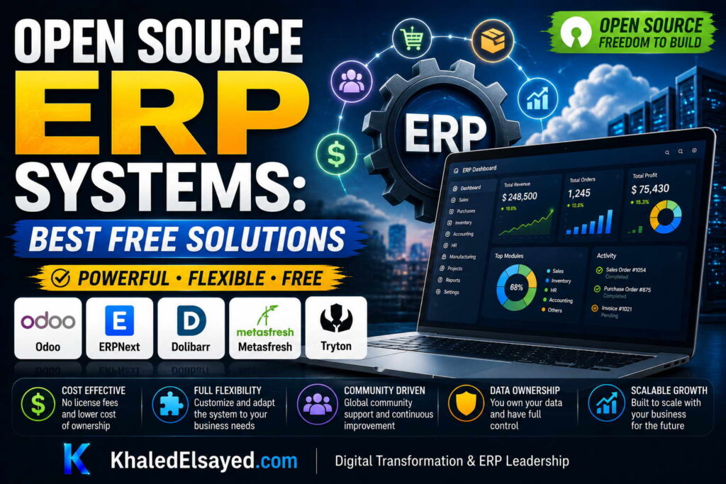 Best open source ERP systems overview comparing free ERP platforms with automation features, reporting dashboards, and enterprise scalability by the IT Leader Khaled Elsayed Sqawa