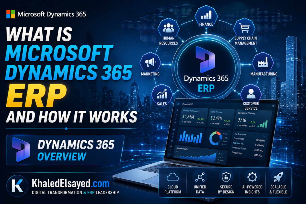 What is Microsoft Dynamics 365 ERP and How It Works 1 Microsoft Dynamics 365 ERP dashboard illustrating integrated finance, operations, and business management processes in a cloud-based enterprise platform by the IT Leader Khaled Elsayed Sqawa
