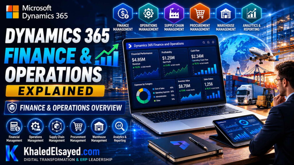 Microsoft Dynamics 365 Finance and Operations dashboard showcasing integrated financial management, operational control, and enterprise resource planning capabilities by the IT Leader Khaled Elsayed Sqawa