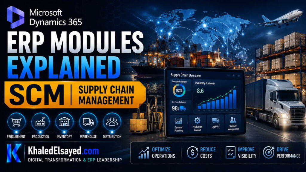 Microsoft Dynamics 365 ERP Modules Explained 2 Dynamics 365 ERP modules overview illustrating integrated finance, procurement, inventory management, and business operations within a unified platform by the IT Leader Khaled Elsayed Sqawa