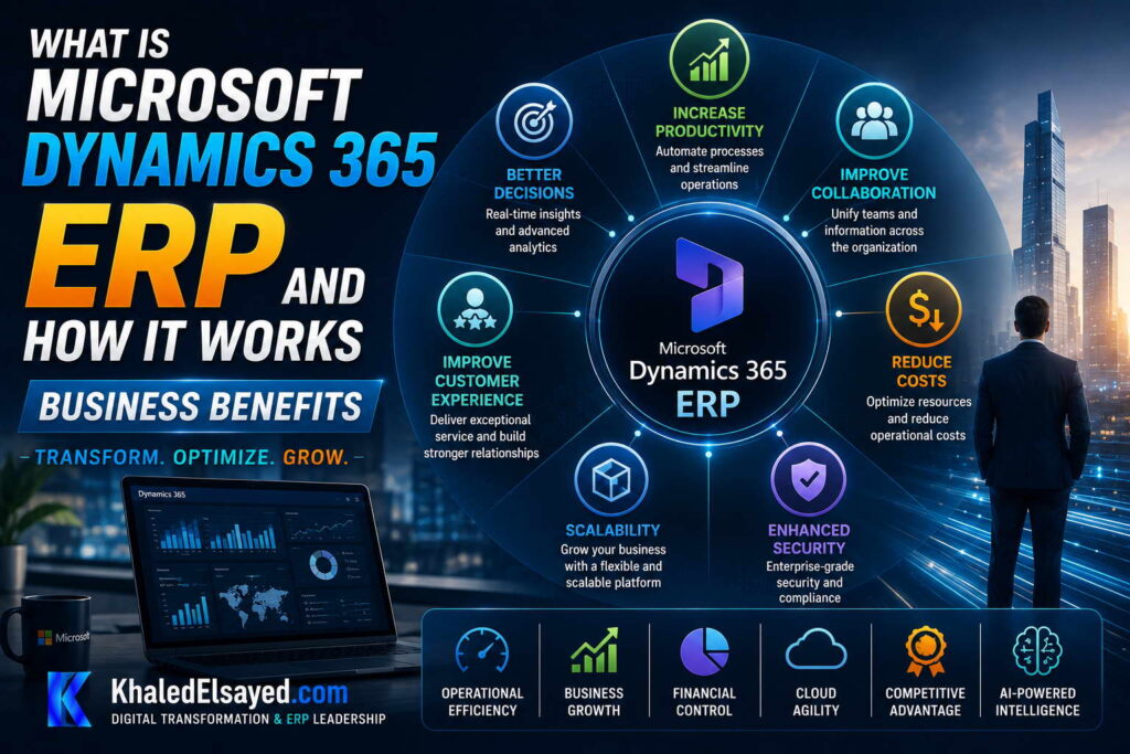 What is Microsoft Dynamics 365 ERP and How It Works 4 Enterprise resource planning with Microsoft Dynamics 365 ERP highlighting cloud integration, centralized data management, and business process optimization by the IT Leader Khaled Elsayed Sqawa