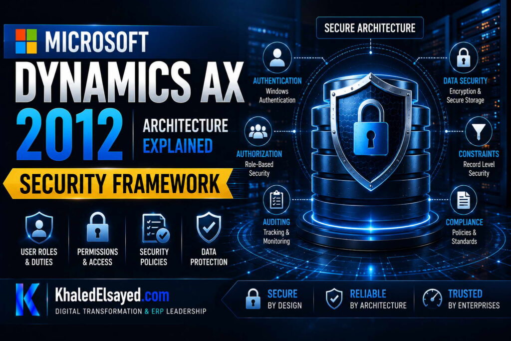 Microsoft Dynamics AX 2012 Architecture Explained 4 Enterprise ERP architecture in Microsoft Dynamics AX 2012 demonstrating application object server functionality, business logic processing, and operational data flow by the IT Leader Khaled Elsayed Sqawa