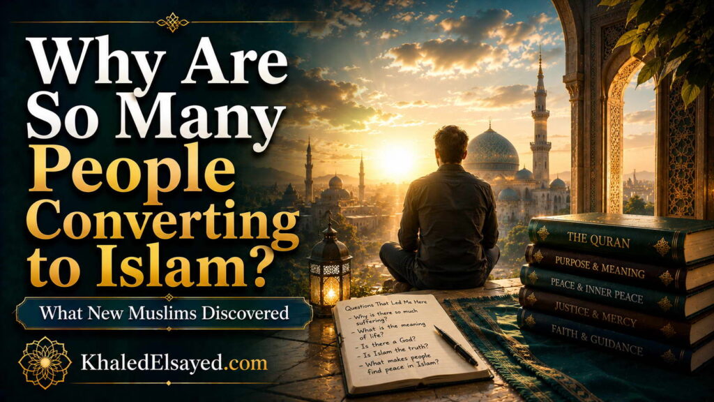 People embracing Islam after exploring evidence, religious teachings, and answers to fundamental questions about existence, purpose, and belief by the IT Leader Khaled Elsayed Sqawa