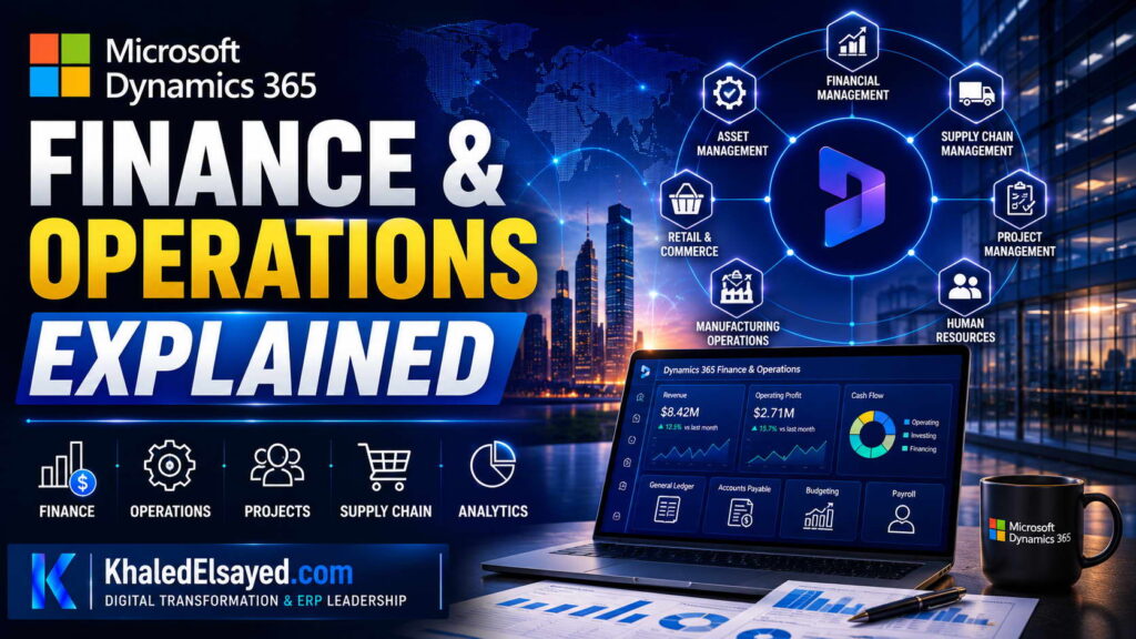 Microsoft Dynamics 365 Finance and Operations Explained 53 Microsoft Dynamics 365 Finance and Operations interface illustrating enterprise-wide visibility, performance monitoring, and digital transformation strategies by the IT Leader Khaled Elsayed Sqawa