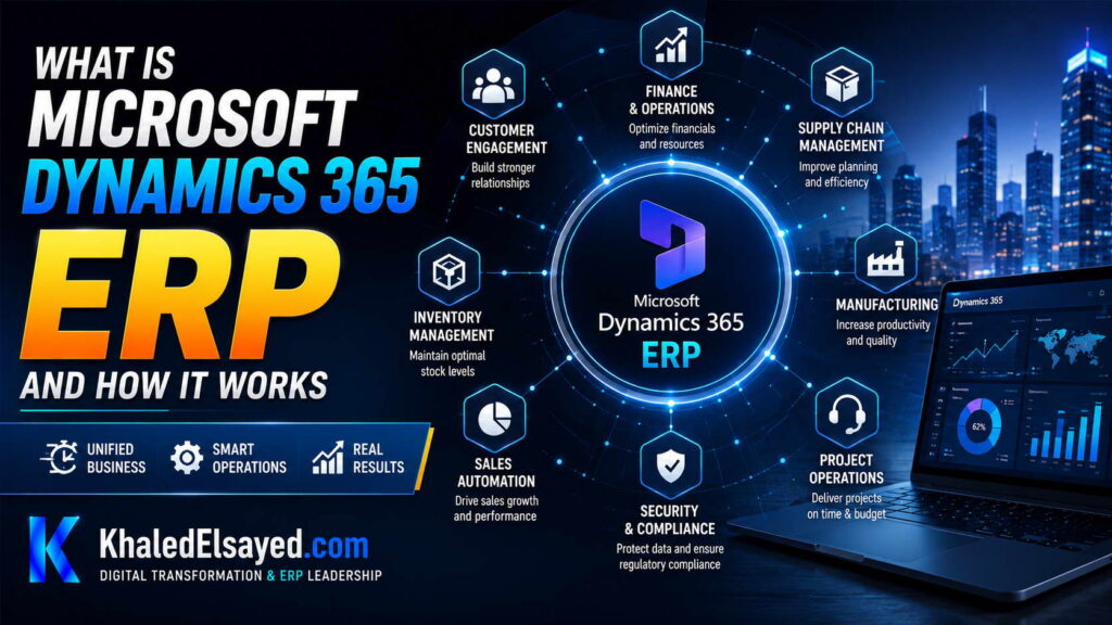What is Microsoft Dynamics 365 ERP and How It Works 1 Dynamics 365 ERP platform overview presenting intelligent business applications, operational reporting, and digital transformation solutions by the IT Leader Khaled Elsayed Sqawa