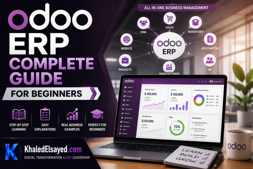 Odoo ERP Complete Guide for Beginners 1 Odoo ERP complete guide for beginners showcasing an integrated enterprise resource planning dashboard with finance, CRM, inventory, and HR modules by the IT Leader Khaled Elsayed Sqawa