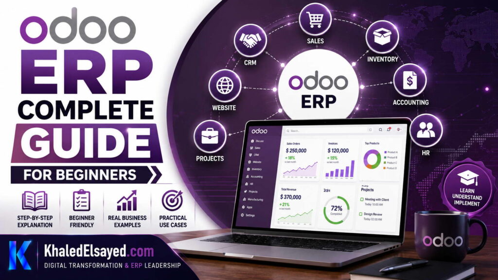 Odoo ERP software interface explaining how beginners can manage accounting, sales, inventory, and business operations from a unified platform by the IT Leader Khaled Elsayed Sqawa
